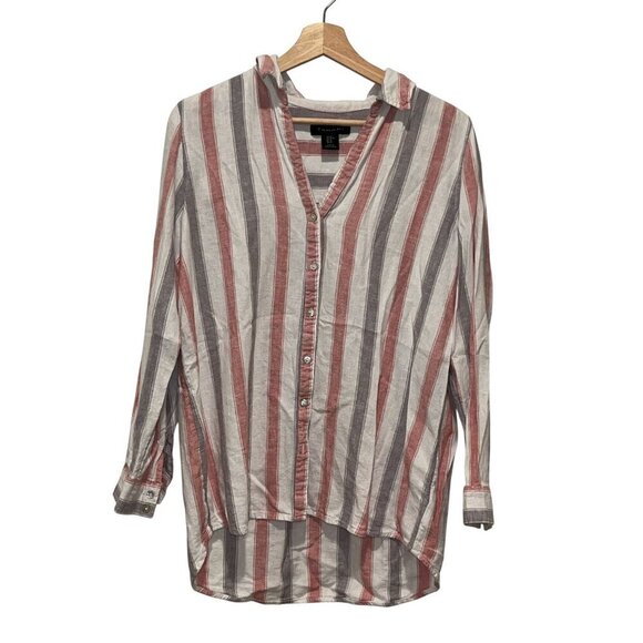 Tahari  Linen Blend Roll Tab Striped Coastal Button Up Shirt Women's Size Medium - Picture 1 of 8